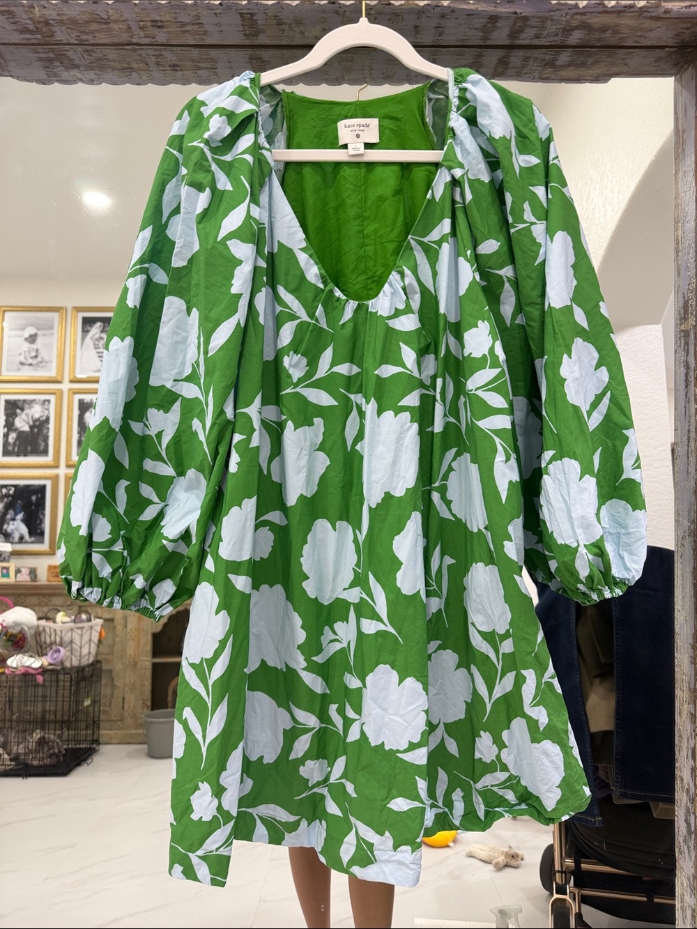 Kate Spade x Target Green and White Floral Puff-Sleeve Mini Dress